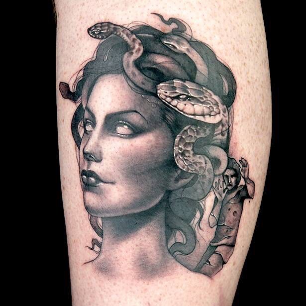 Grey Ink Medusa Girl Head Tattoo by Kelly Doty