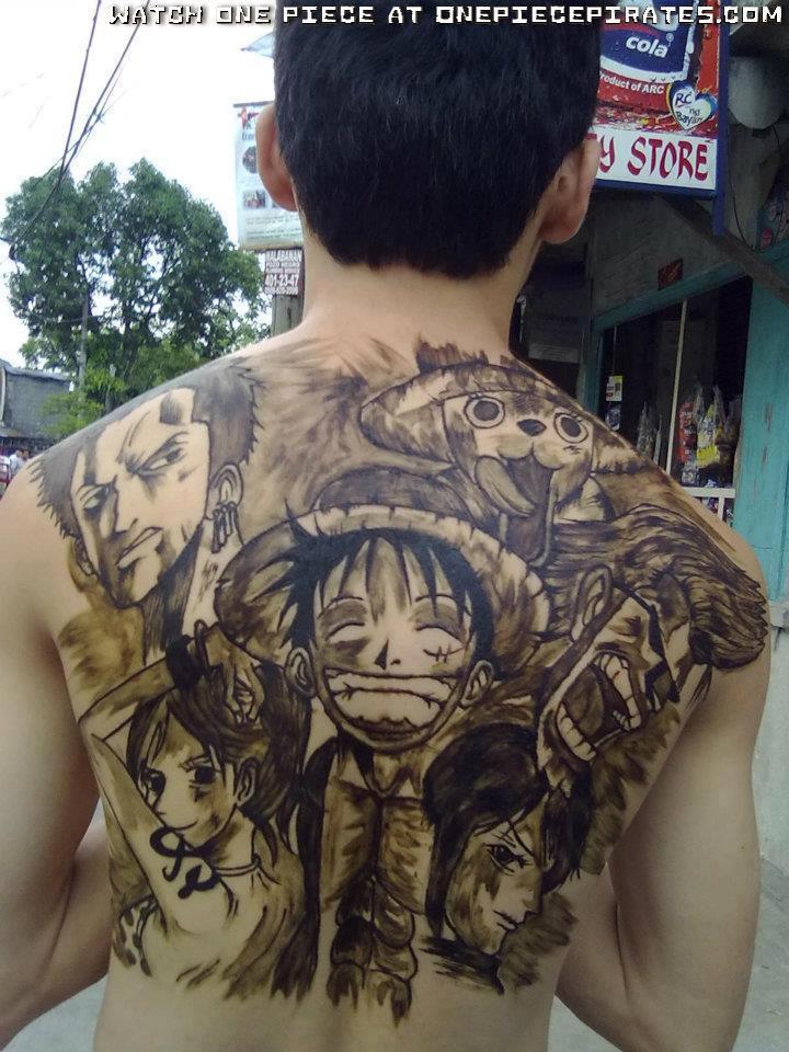 Grey Ink One Piece Anime Tattoo On Full Back