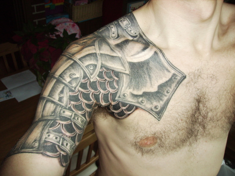 Grey Ink Shoulder Knight Armor Tattoo For Men