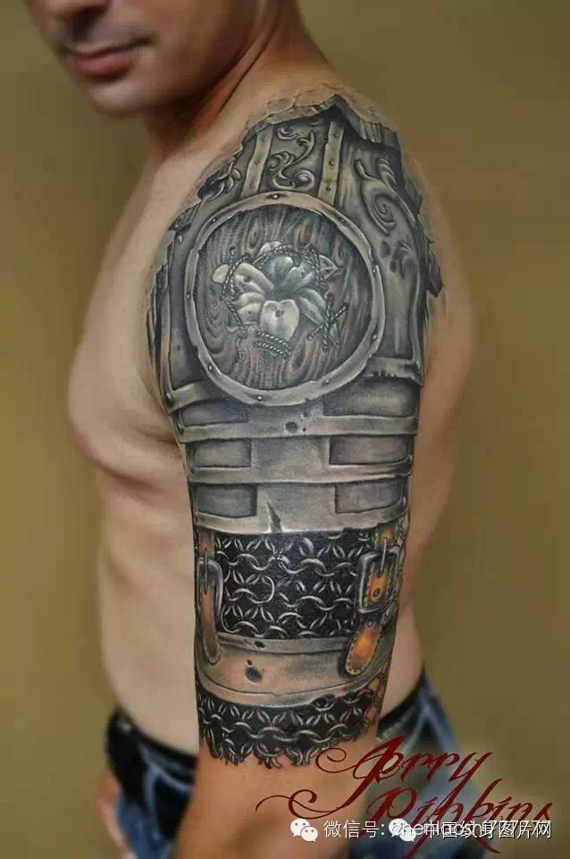 Grey Medieval Armor Tattoo On Half Sleeve