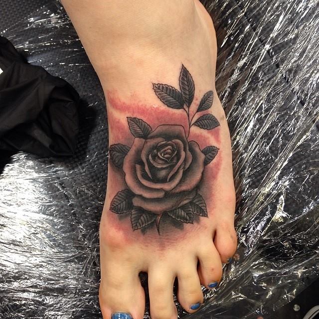 Grey Rose Tattoo On Left Foot by Ami James
