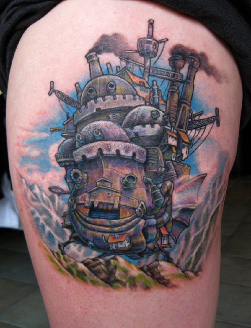 Howl Moving Castle Anime Tattoo On Thigh