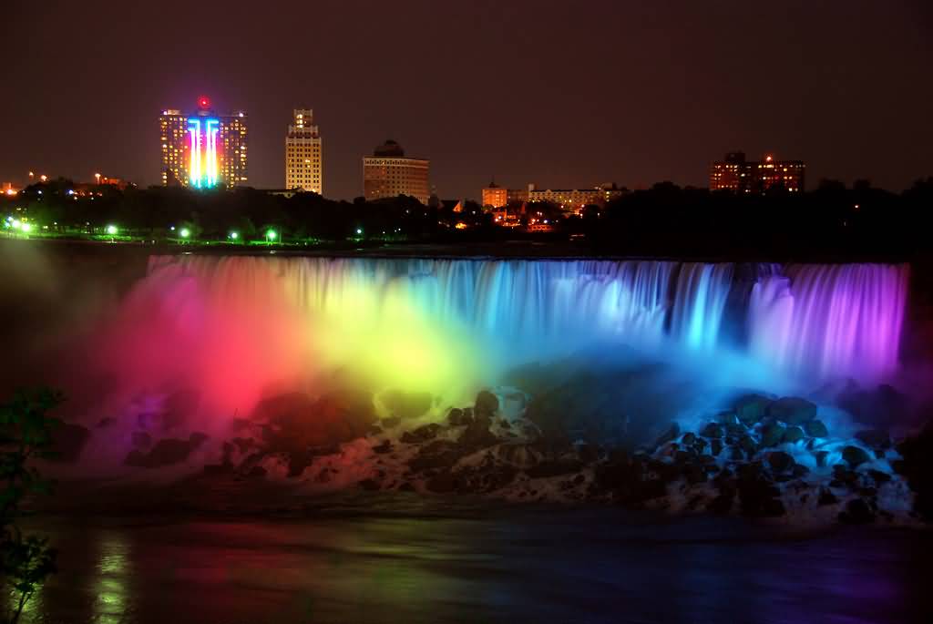Illuminated Niagara Falls At Night