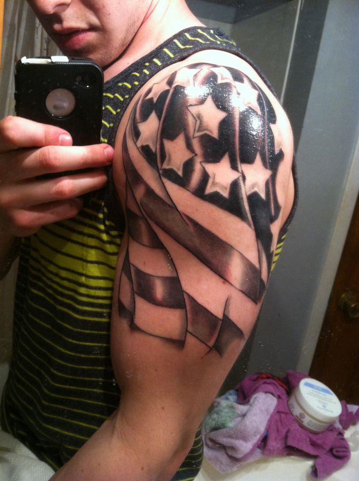 Impressive American Flag Tattoo On Man Shoulder