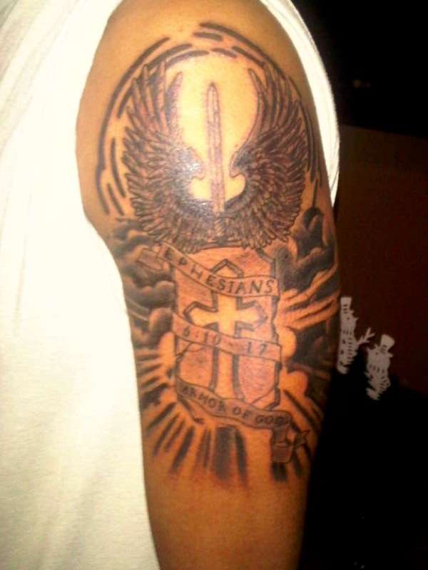 Impressive Armor Of God Tattoo On Shoulder