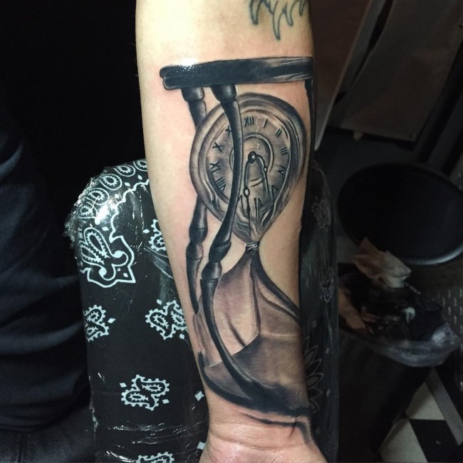 Impressive Clock Hourglass Tattoo On Forearm