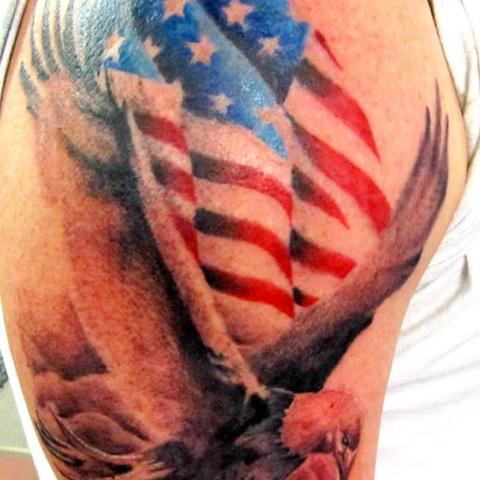 Impressive Realistic US Patriotic Tattoo On Half Sleeve