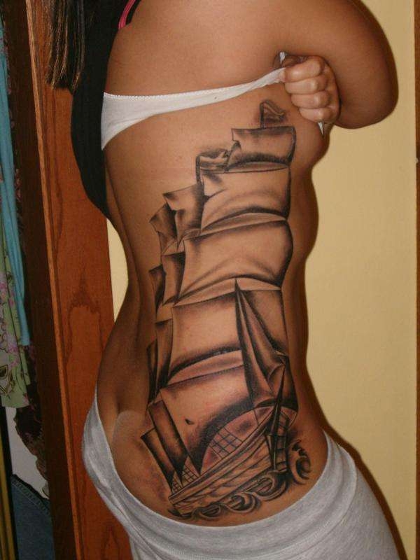 Impressive Ship Rib Cage Tattoo For Woman
