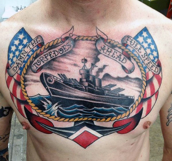 Impressive US Flag Navy Logo Traditional Tattoo On Chest