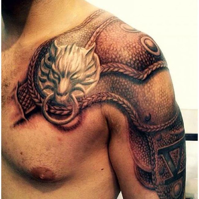 Incredible 3D Armor Tattoo On Man Shoulder