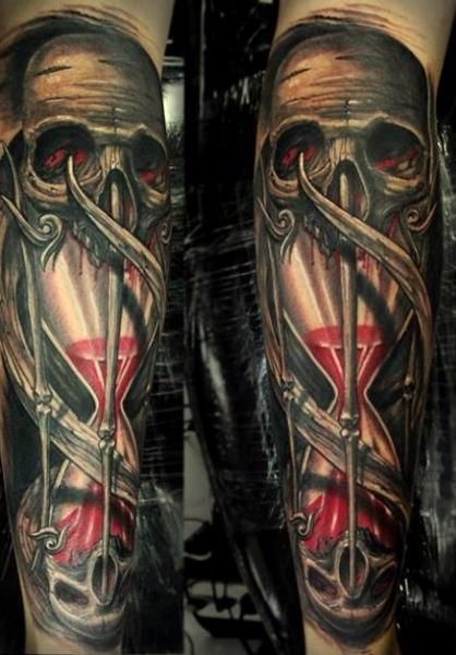 Incredible Demon Skull Hourglass Tattoo On Sleeve