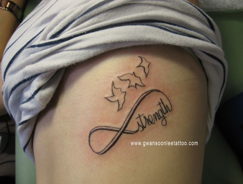 Infinity Strength And Birds Outline Tattoo On Rib Cage