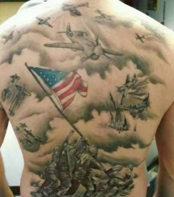 Inspiring US Army And Airforce Patriotic Tattoo On Full Back