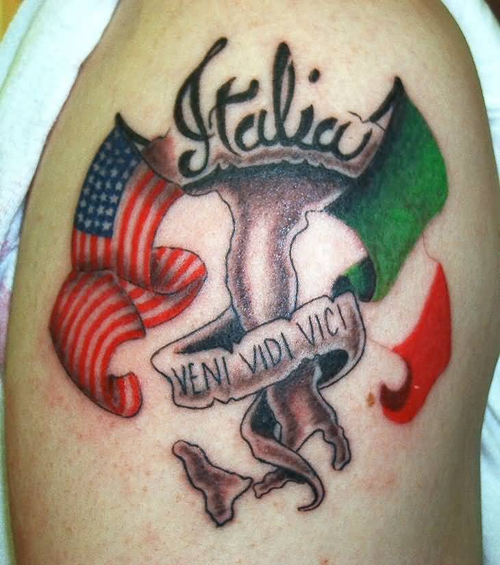 Italian And American Flags Tattoo On Shoulder
