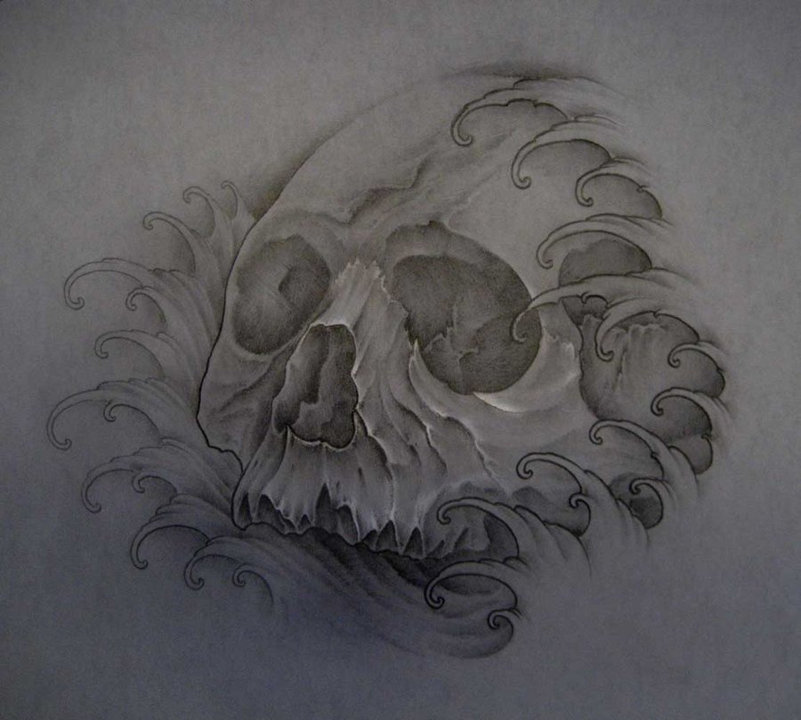 Japanese Water Skull Tattoo Drawing