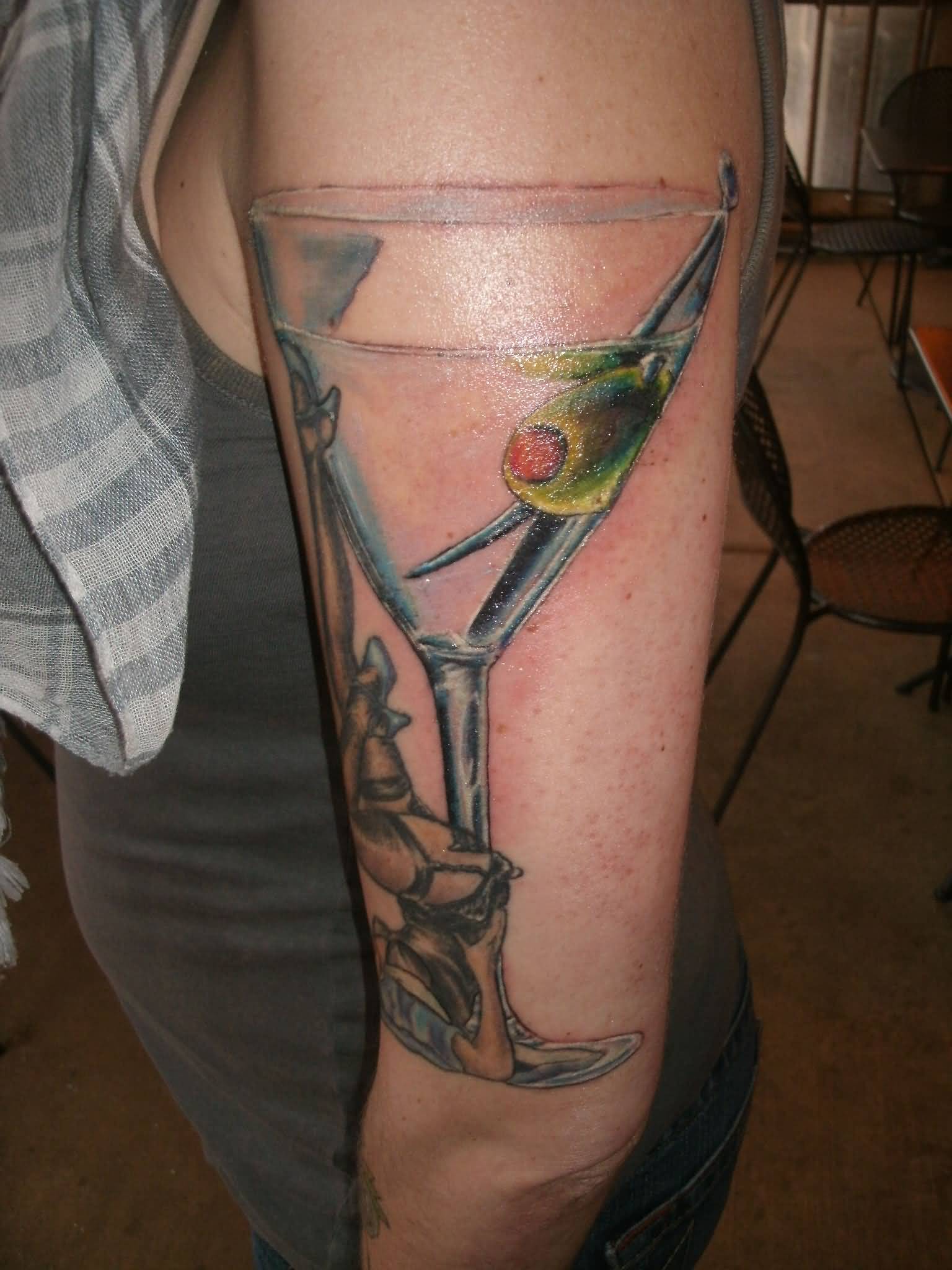Large Martini Glass Tattoo On Left Half Sleeve