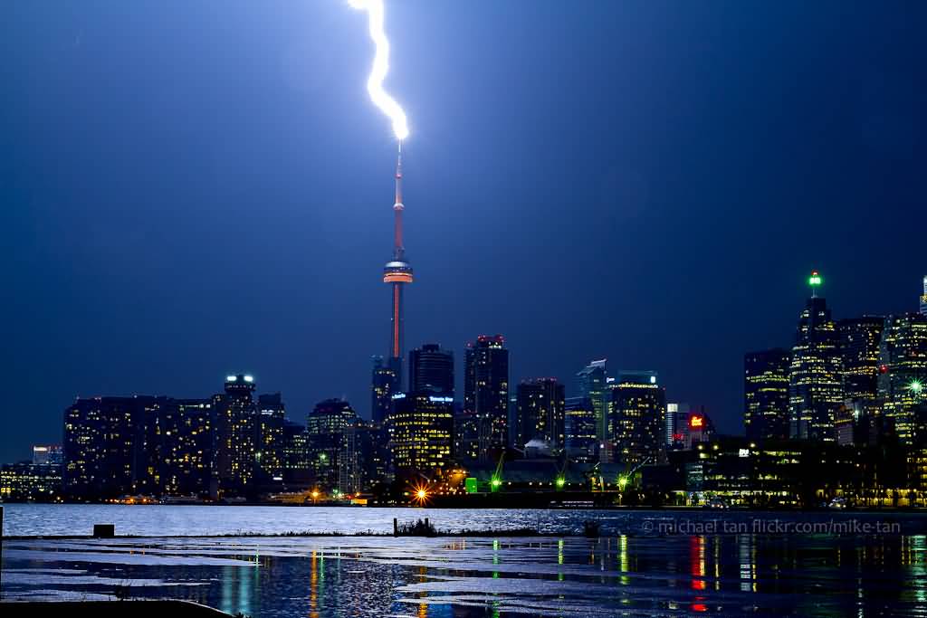Lightning On The CN Tower At Night