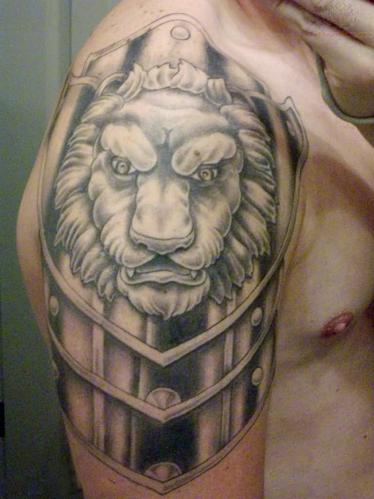 Lion Armor Tattoo On Right Shoulder For Men