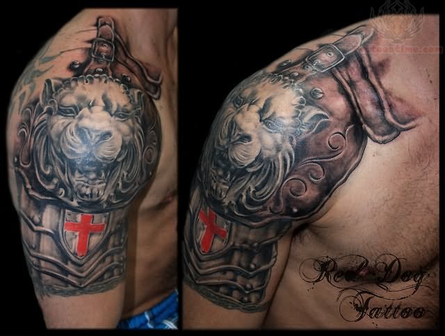 Lion Medieval Armor Tattoo On Right Shoulder