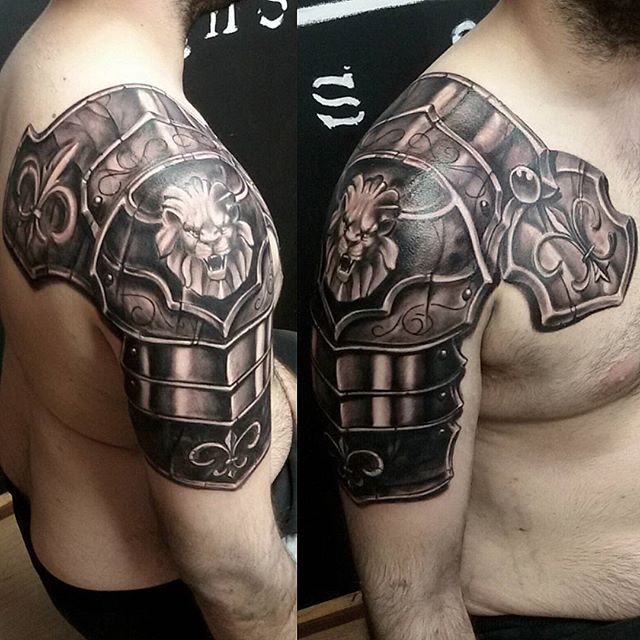 Lion Medieval Armor Tattoo On Shoulder