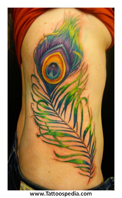 Lovely Peacock Feather Tattoo On Rib Cage