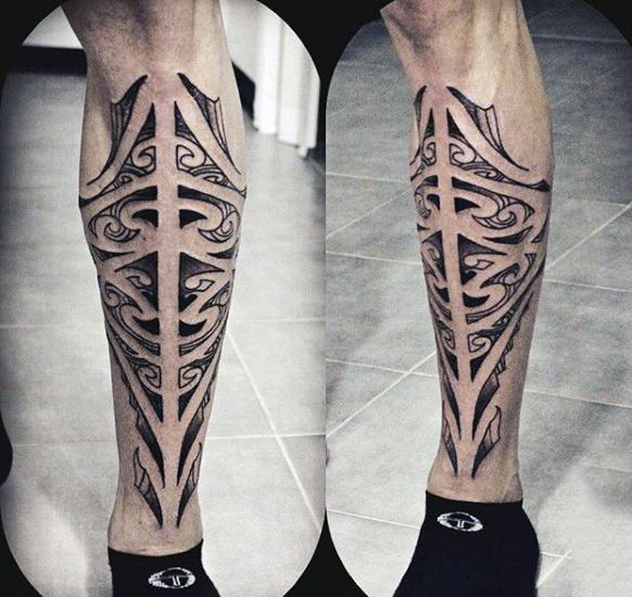 Lower Leg Maori Tattoo On Leg For Guys