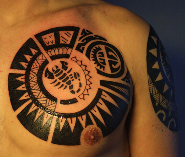 Maori Scorpion Tattoo On Chest For Men