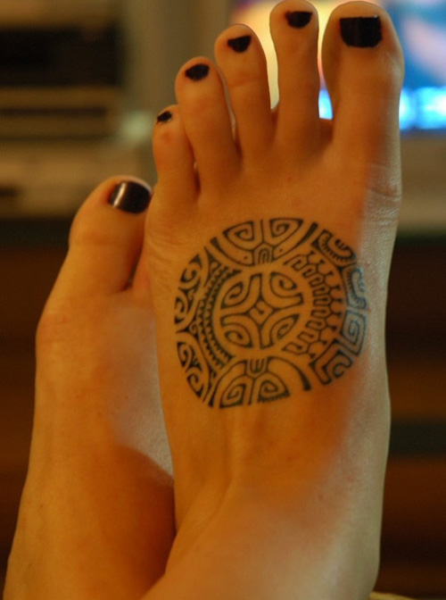 Maquesan Cross Maori Tattoo On Girl Foot