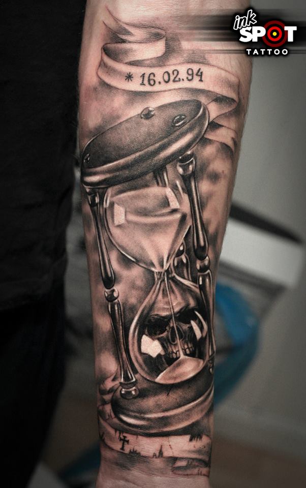 Memorial Hourglass Tattoo On Forearm