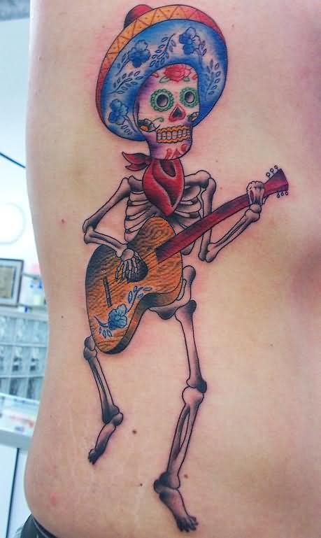 Mexican Skeleton Playing Guitar Rib Cage Tattoo
