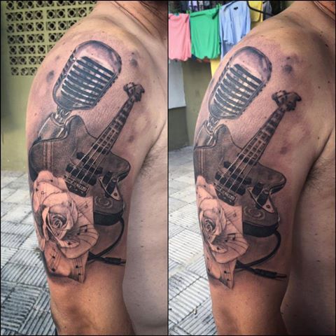 Mic Guitar And Rose Tattoo On Right Half Sleeve by Pxa Body Art