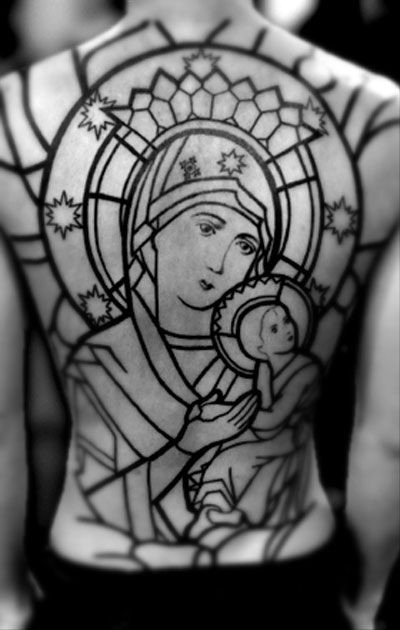 Mother Mary Stained Glass Full Back Tattoo