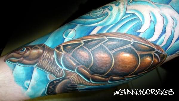 Nature Water Turtle Tattoo On Sleeve