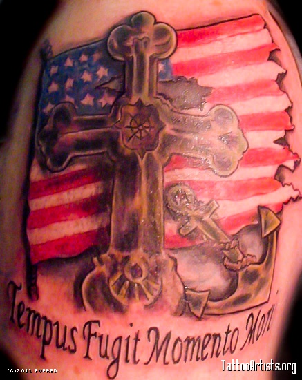 Navy Memorial American Flag Tattoo On Shoulder