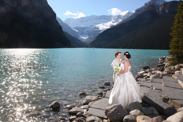 Newly Wedding Couple At The Lake Louise