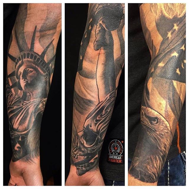 Nice Black US Patriotic Tattoo On Arm Sleeve
