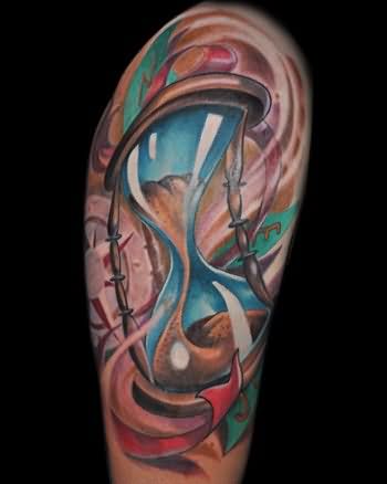 Nice Colorful Hourglass Tattoo On Half Sleeve