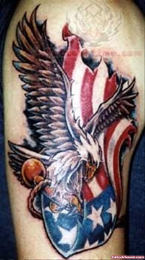 Nice Flying Patriotic Eagle Tattoo On Half Sleeve