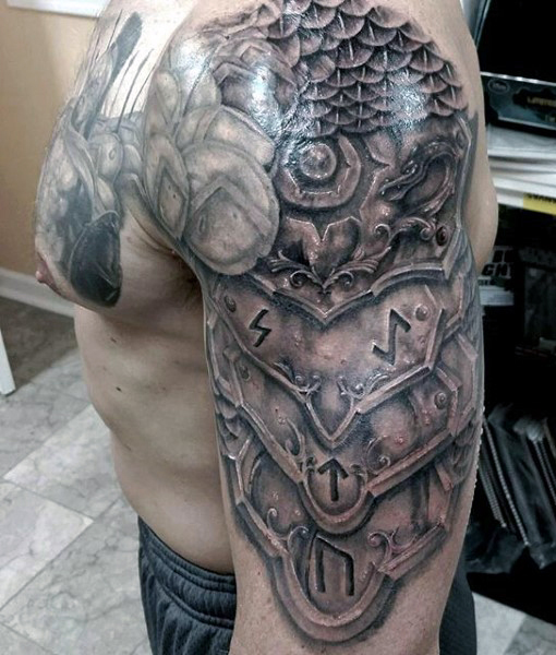 Nice Knight Armor Tattoo On Half Sleeve