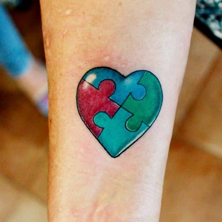 Nice Puzzle Colorful Love Tattoo On Wrist