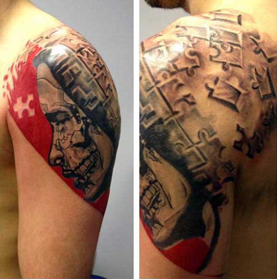 Nice Puzzle Man Face Tattoo On Shoulder