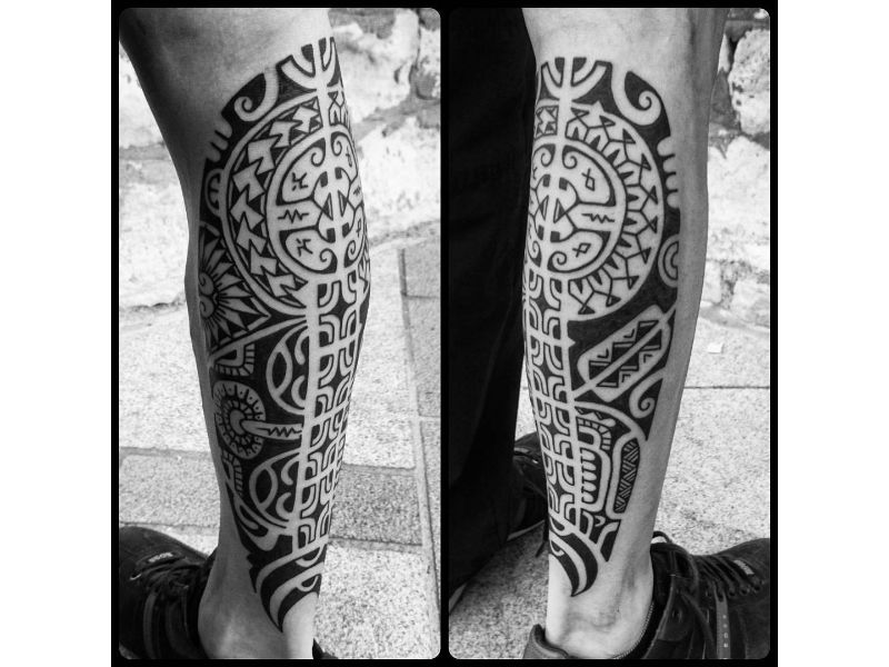 Nice Tribal Maori Tattoo On Back Leg