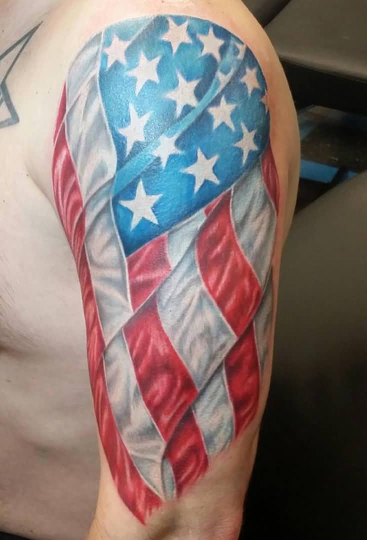 Nice Waving American Flag Tattoo On Half Sleeve
