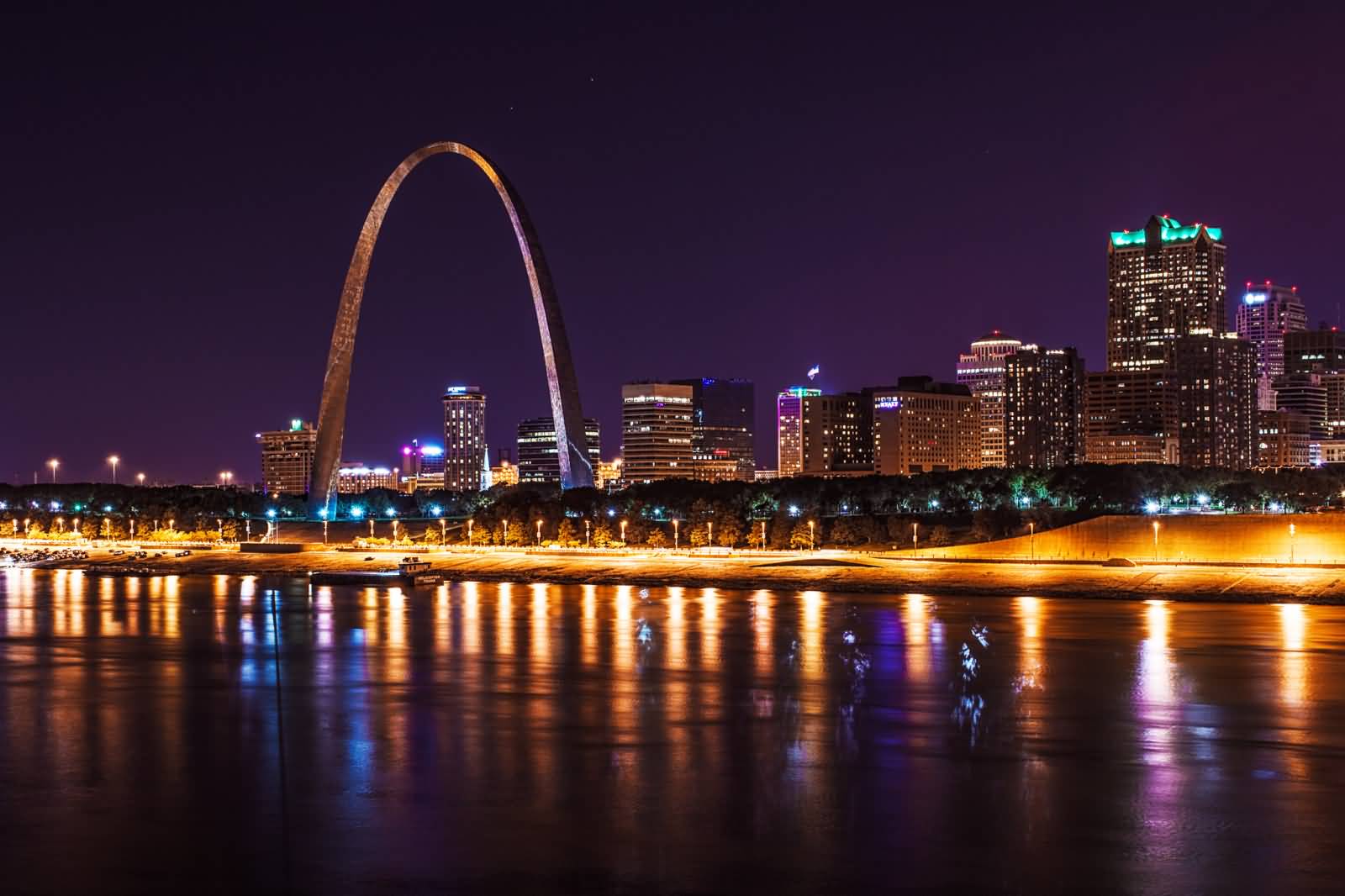 Night View Of The Gateway Arch St Louis Skyline Across The River
