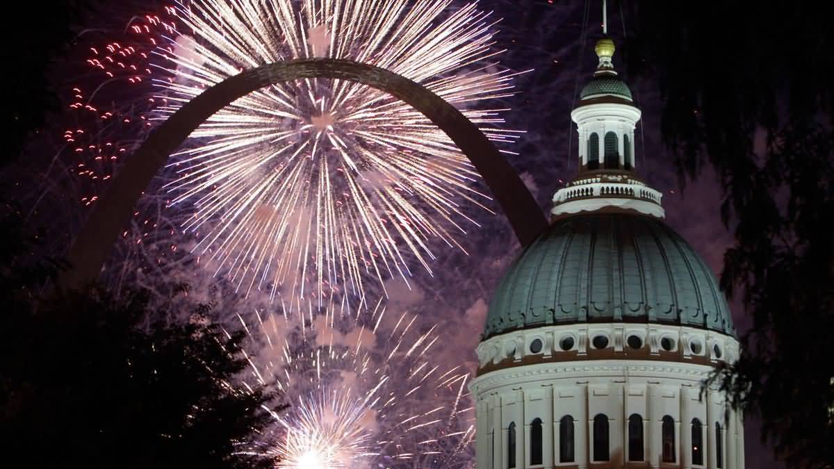 Old Courthouse And The Gateway Arch With Fireworks At Night