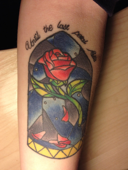 Old School Rose Stained Glass Tattoo On Forearm
