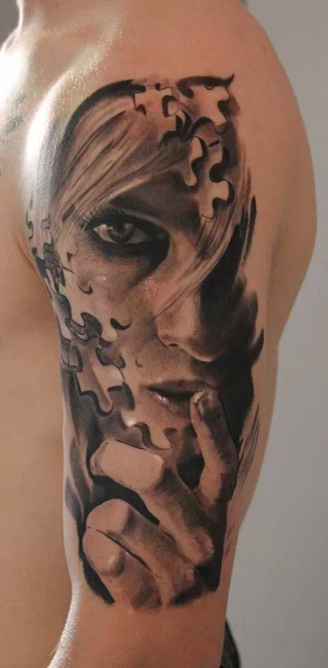 Outstanding 3D Puzzle Girl Tattoo On Left Half Sleeve