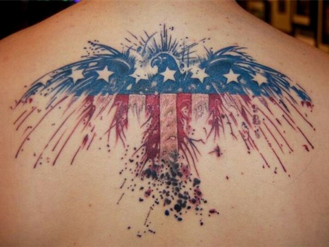 Outstanding American Eagle Patriotic Tattoo On Upper Back