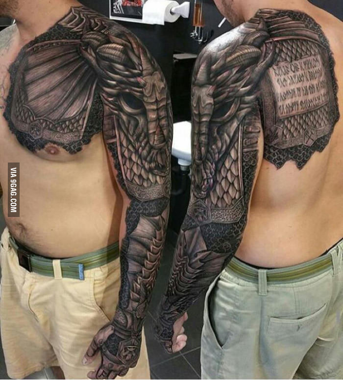 Outstanding Dragon Armor Tattoo On Full Sleeve