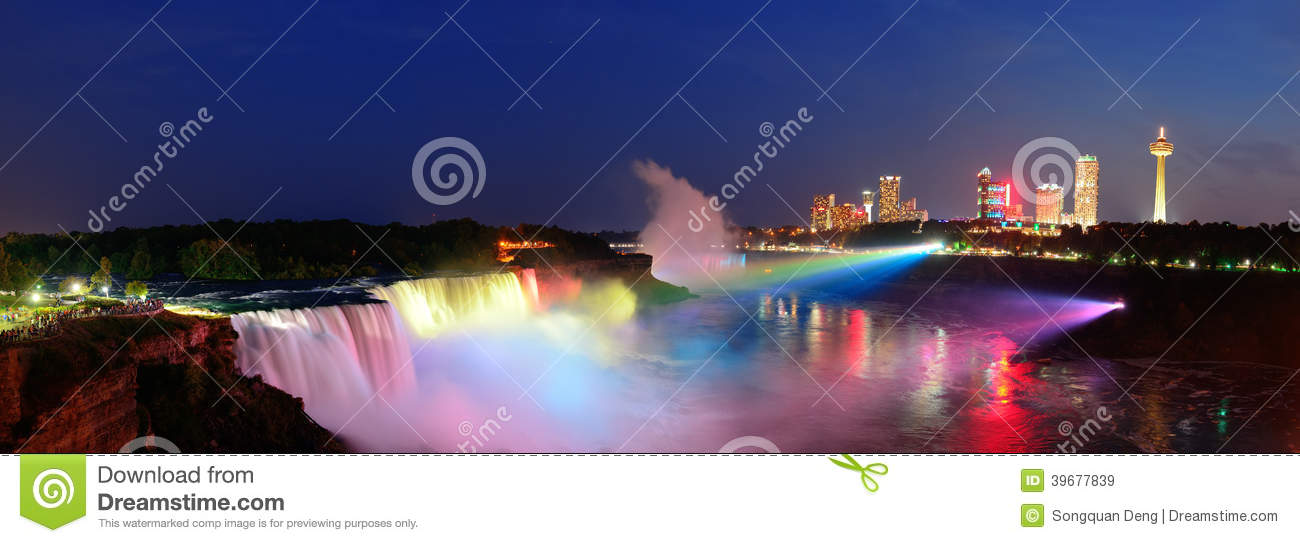 Panorama View Of Niagara Falls With Night Lights